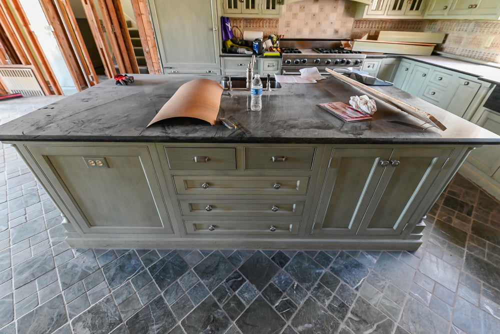 Traditional Washed Out Light Green Kitchen with Island, Granite Countertops and Viking Appliances