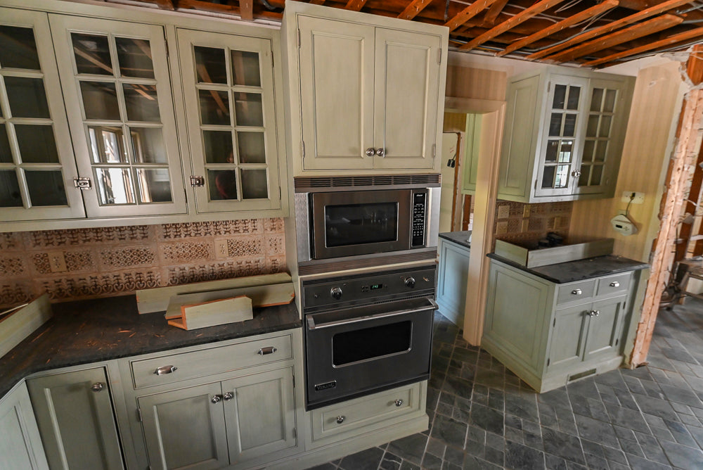Traditional Washed Out Light Green Kitchen with Island, Granite Countertops and Viking Appliances