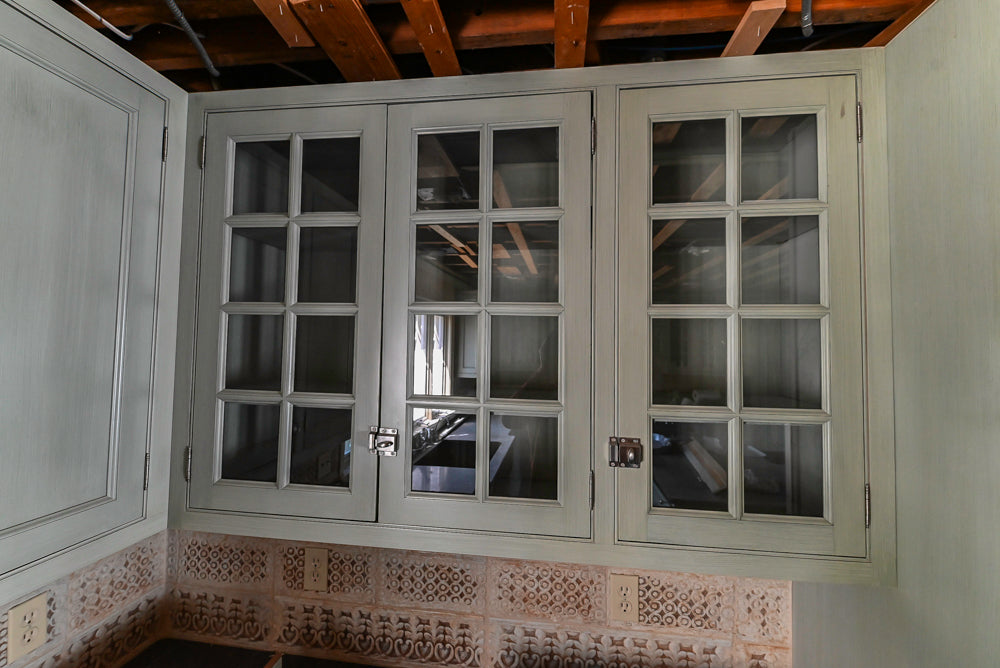 Traditional Washed Out Light Green Kitchen with Island, Granite Countertops and Viking Appliances