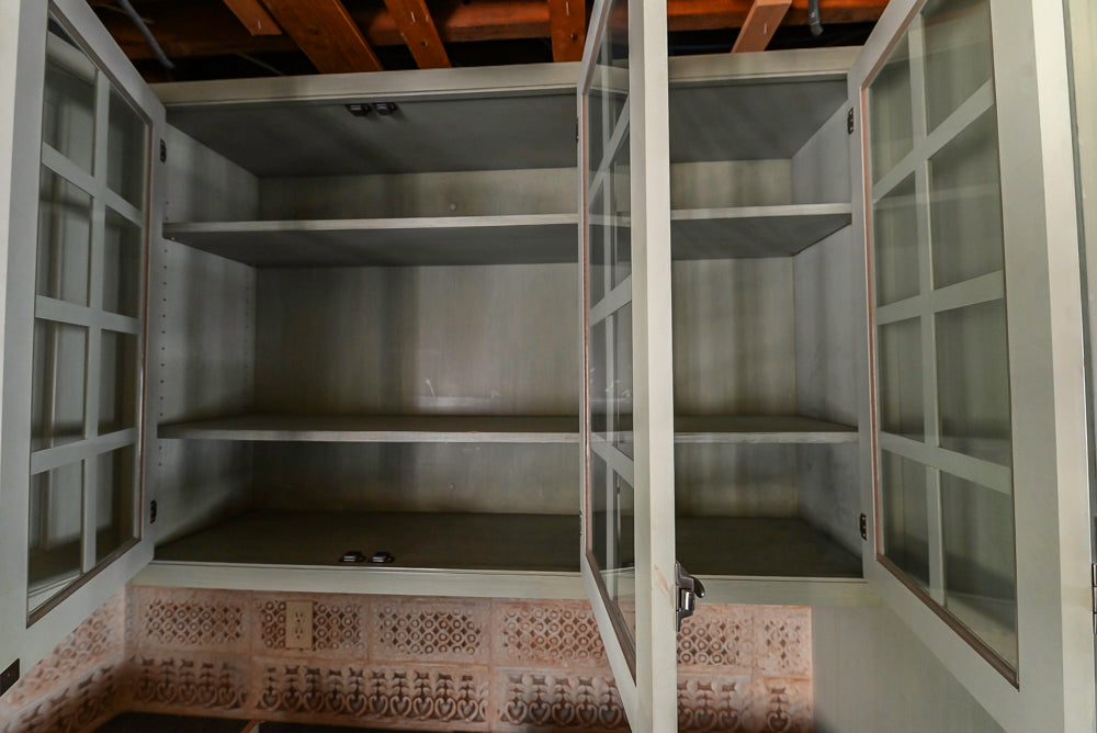 Traditional Washed Out Light Green Kitchen with Island, Granite Countertops and Viking Appliances