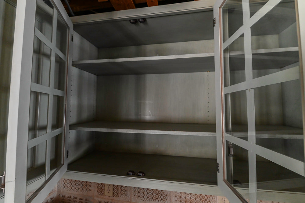 Traditional Washed Out Light Green Kitchen with Island, Granite Countertops and Viking Appliances