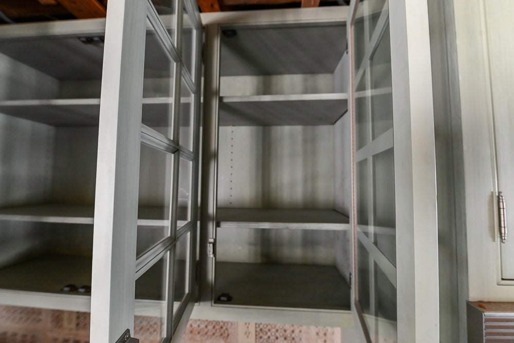 Traditional Washed Out Light Green Kitchen with Island, Granite Countertops and Viking Appliances