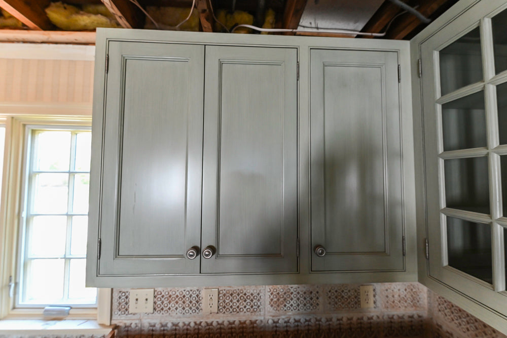Traditional Washed Out Light Green Kitchen with Island, Granite Countertops and Viking Appliances