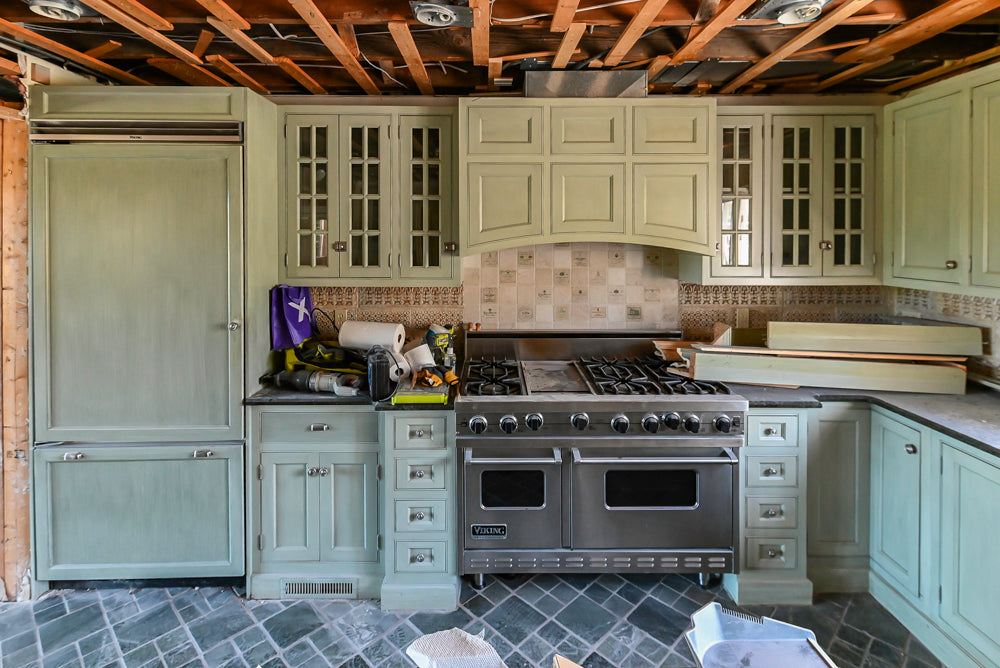 Traditional Washed Out Light Green Kitchen with Island, Granite Countertops and Viking Appliances