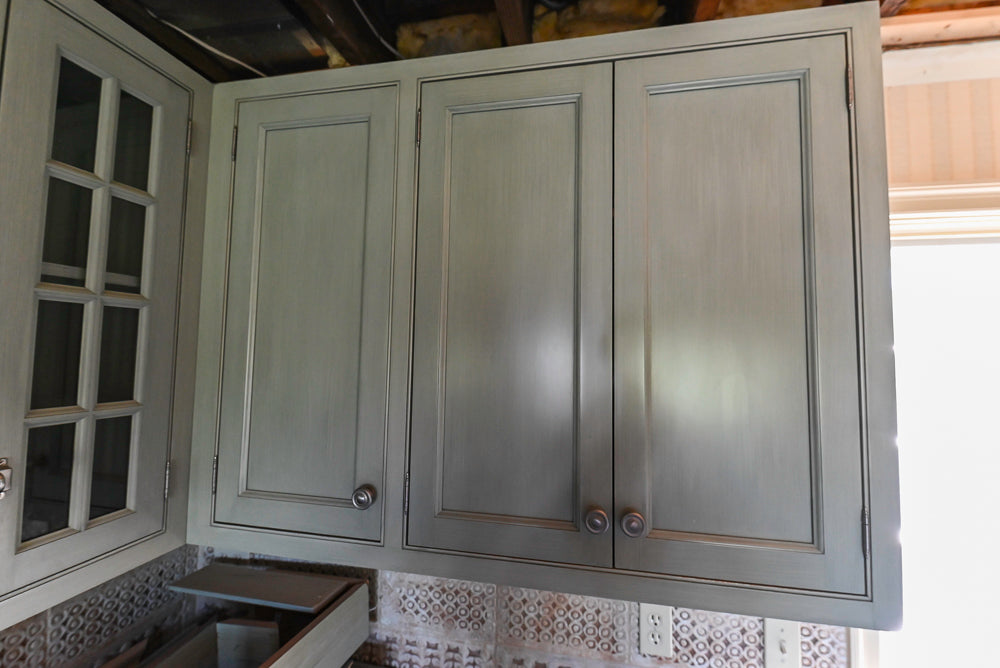 Traditional Washed Out Light Green Kitchen with Island, Granite Countertops and Viking Appliances