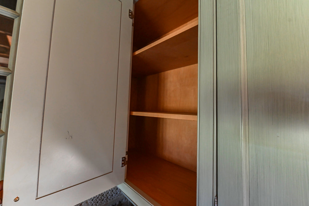 Traditional Washed Out Light Green Kitchen with Island, Granite Countertops and Viking Appliances