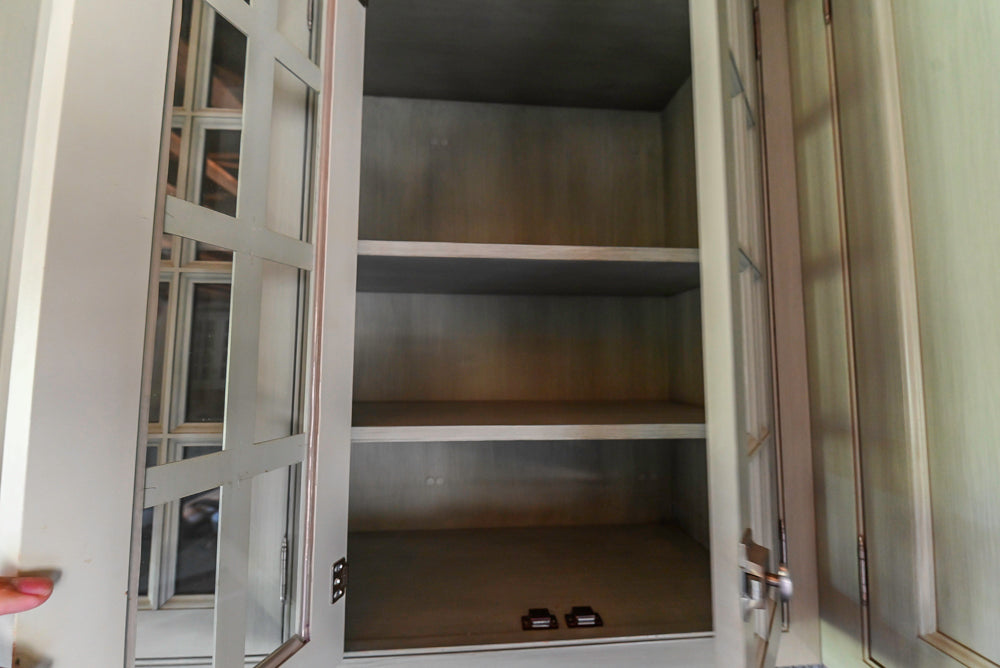 Traditional Washed Out Light Green Kitchen with Island, Granite Countertops and Viking Appliances