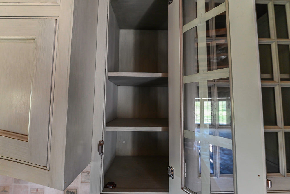 Traditional Washed Out Light Green Kitchen with Island, Granite Countertops and Viking Appliances