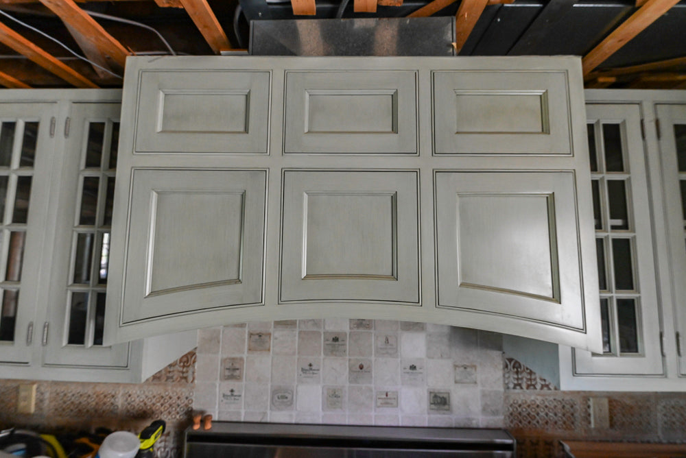 Traditional Washed Out Light Green Kitchen with Island, Granite Countertops and Viking Appliances