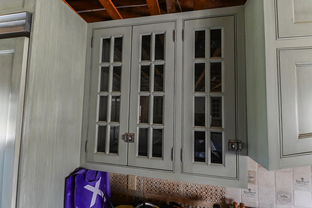 Traditional Washed Out Light Green Kitchen with Island, Granite Countertops and Viking Appliances