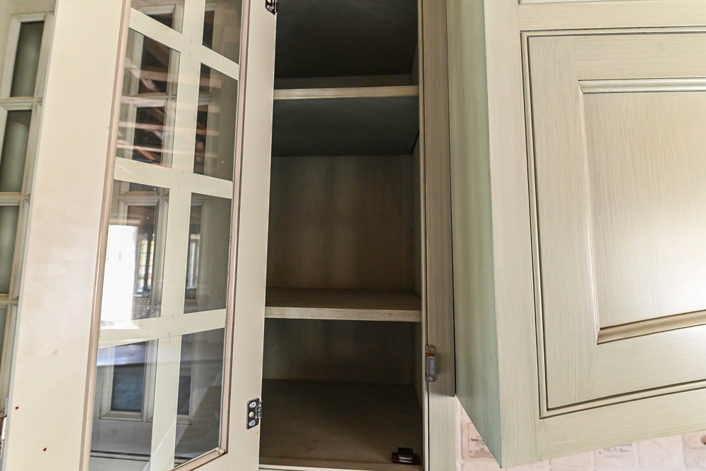Traditional Washed Out Light Green Kitchen with Island, Granite Countertops and Viking Appliances