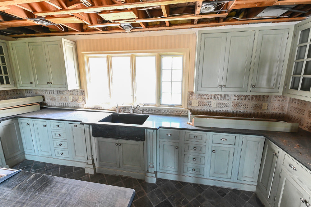 Traditional Washed Out Light Green Kitchen with Island, Granite Countertops and Viking Appliances