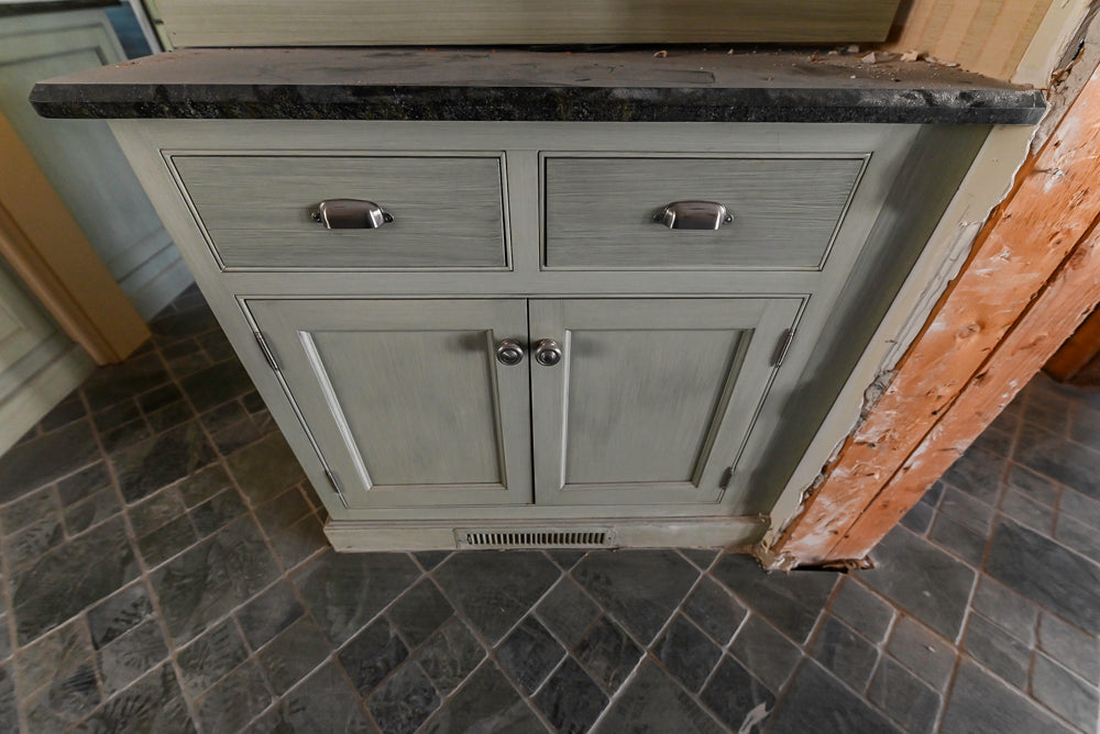 Traditional Washed Out Light Green Kitchen with Island, Granite Countertops and Viking Appliances