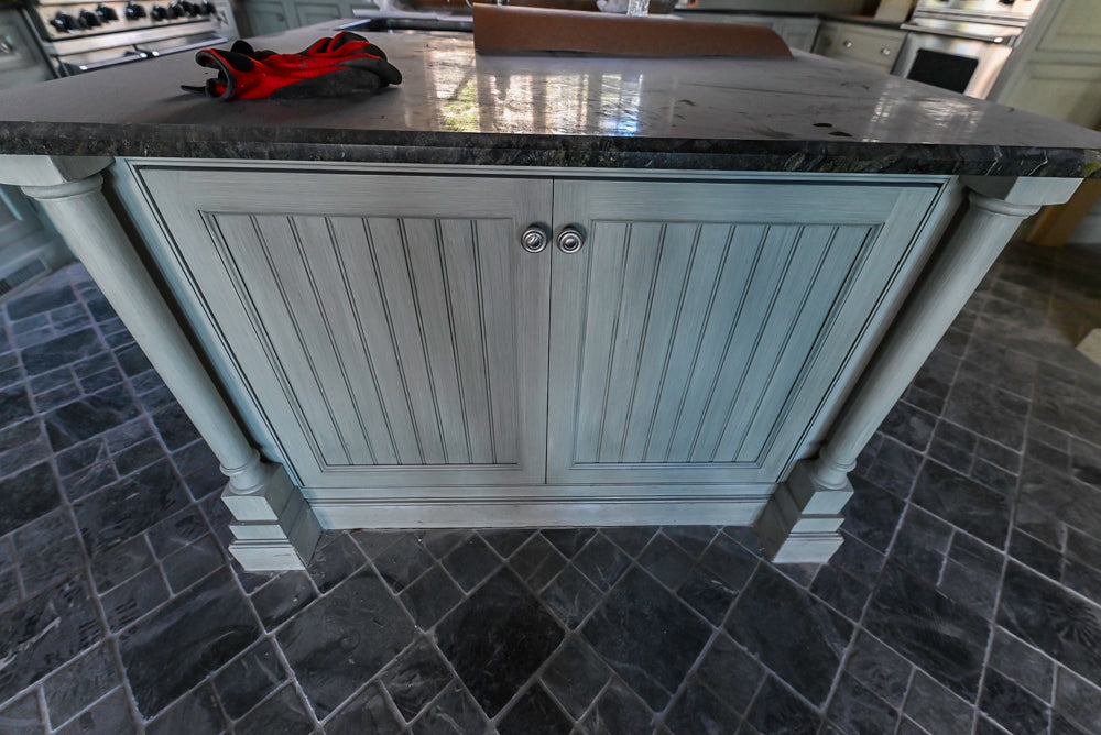 Traditional Washed Out Light Green Kitchen with Island, Granite Countertops and Viking Appliances