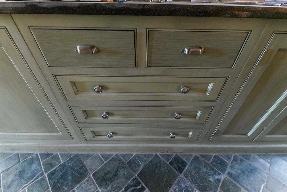 Traditional Washed Out Light Green Kitchen with Island, Granite Countertops and Viking Appliances