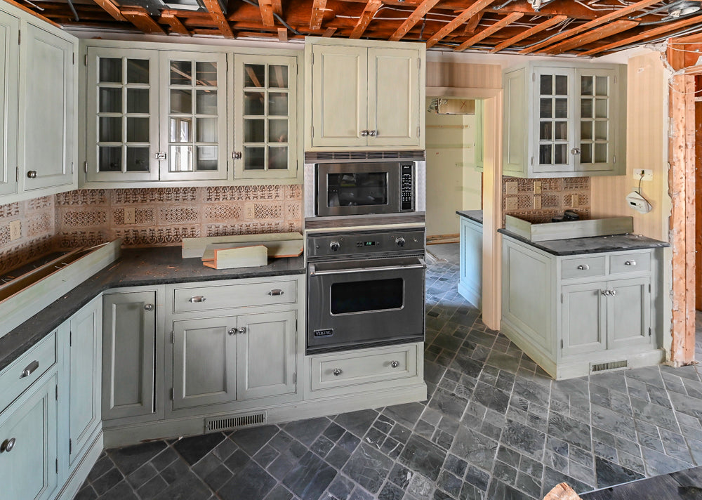 Traditional Washed Out Light Green Kitchen with Island, Granite Countertops and Viking Appliances