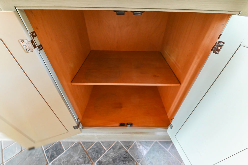 Traditional Washed Out Light Green Kitchen with Island, Granite Countertops and Viking Appliances