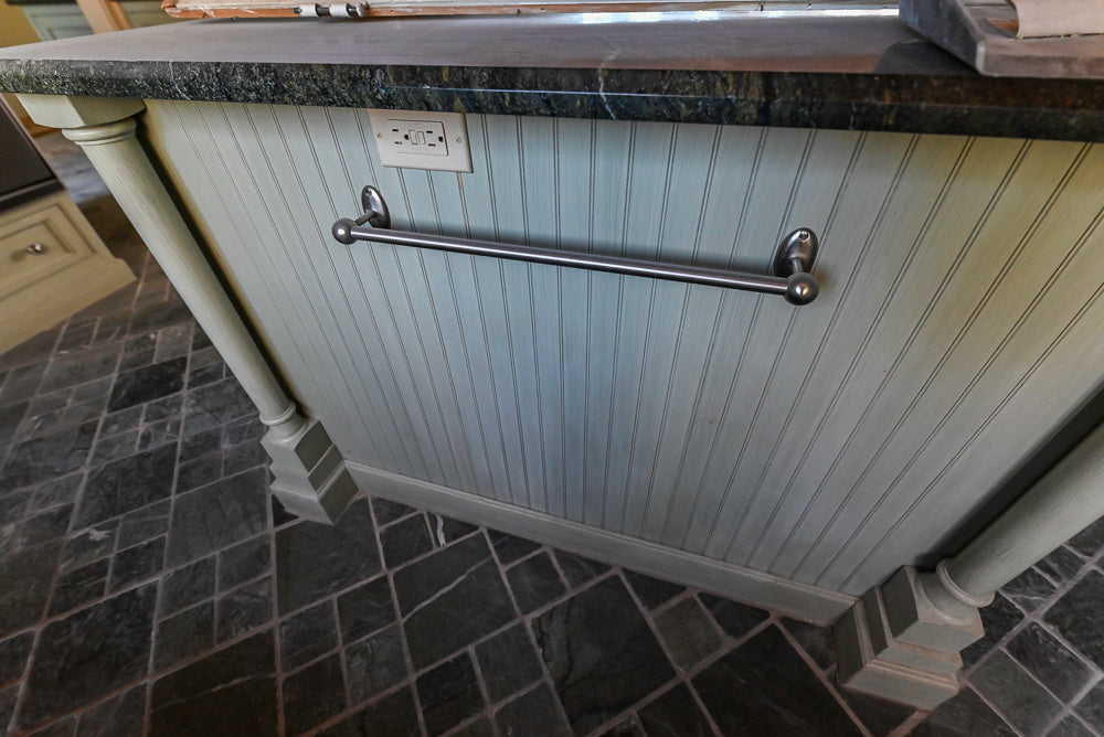 Traditional Washed Out Light Green Kitchen with Island, Granite Countertops and Viking Appliances