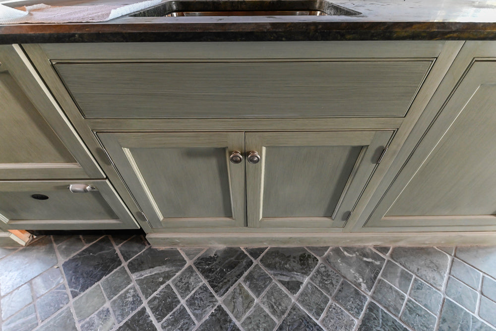 Traditional Washed Out Light Green Kitchen with Island, Granite Countertops and Viking Appliances