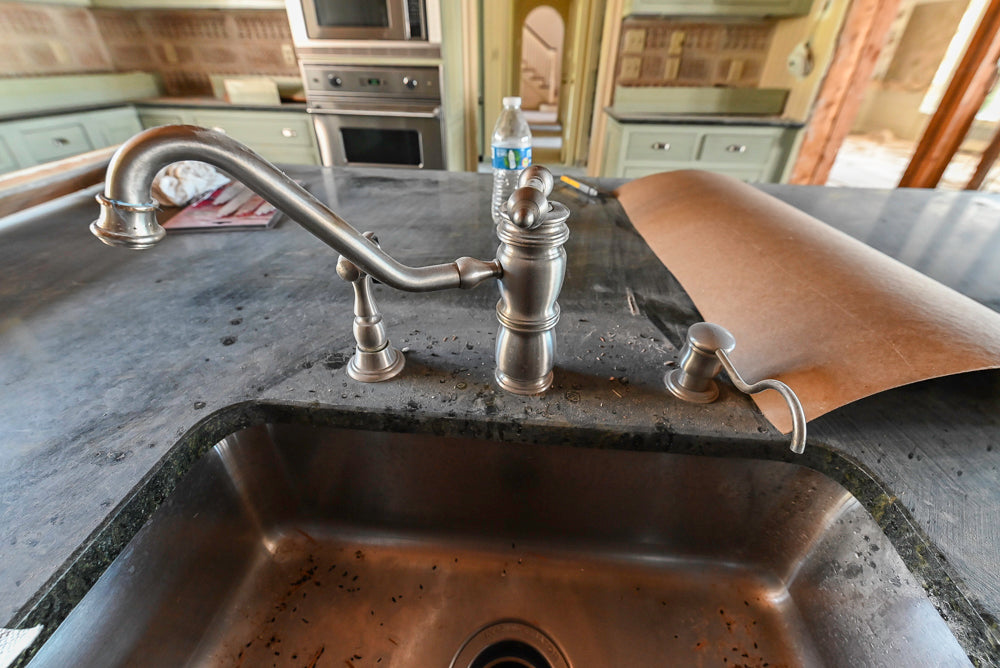 Traditional Washed Out Light Green Kitchen with Island, Granite Countertops and Viking Appliances