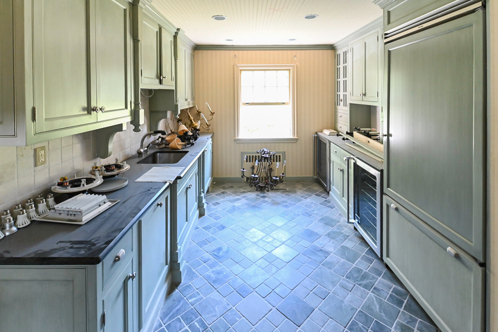 Traditional Washed Out Light Green Butler's Pantry with Granite Countertops and Viking Appliances