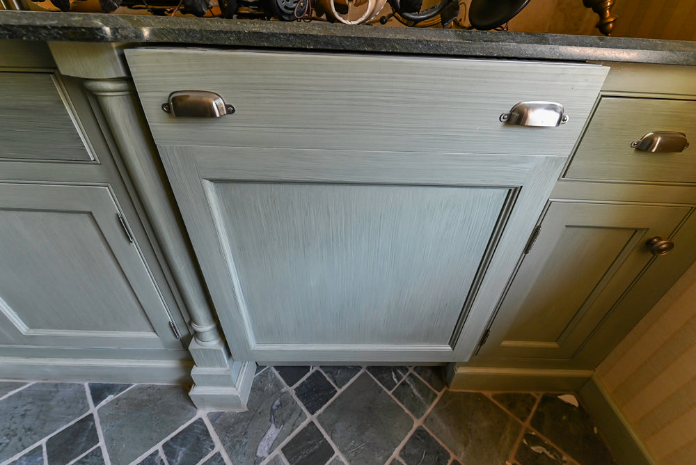 Traditional Washed Out Light Green Butler's Pantry with Granite Countertops and Viking Appliances