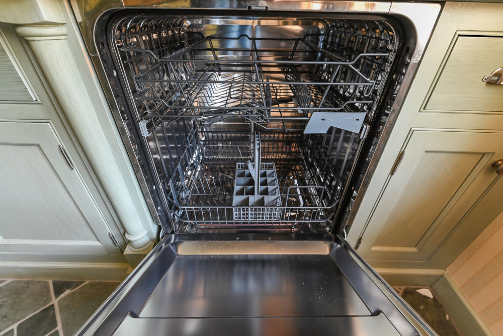 Traditional Washed Out Light Green Butler's Pantry with Granite Countertops and Viking Appliances