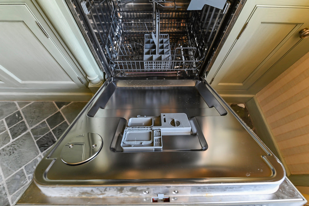 Traditional Washed Out Light Green Butler's Pantry with Granite Countertops and Viking Appliances