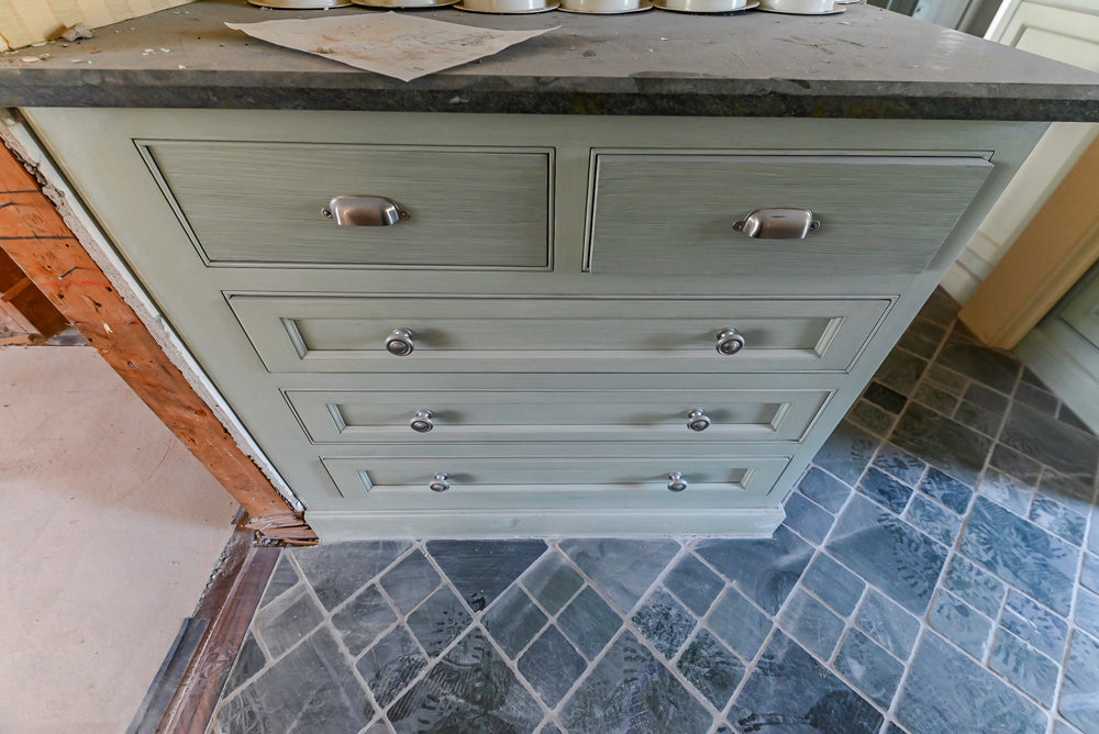 Traditional Washed Out Light Green Butler's Pantry with Granite Countertops and Viking Appliances