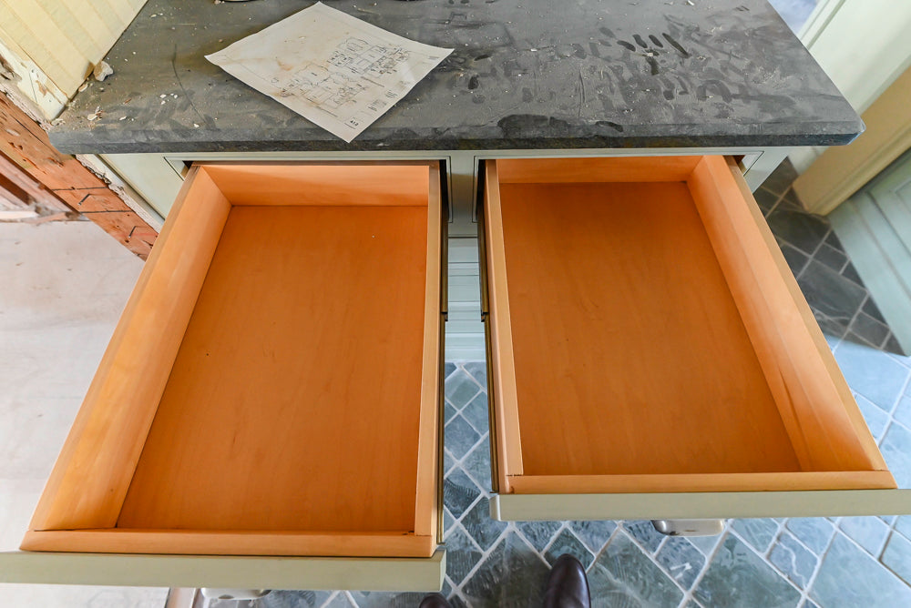 Traditional Washed Out Light Green Butler's Pantry with Granite Countertops and Viking Appliances