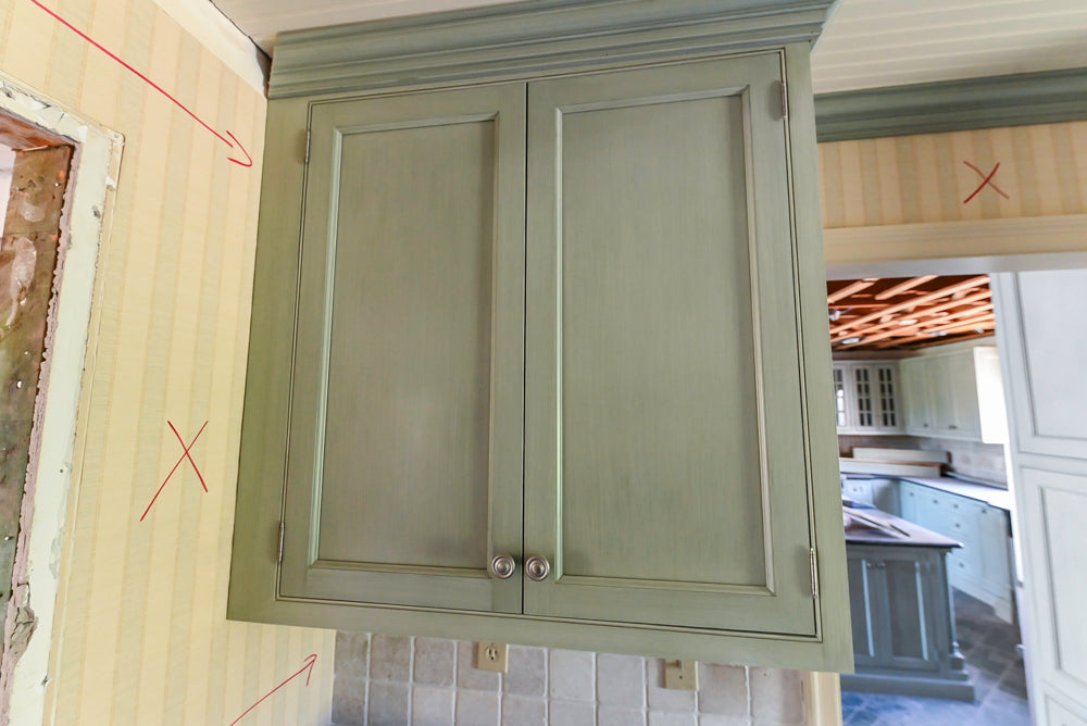 Traditional Washed Out Light Green Butler's Pantry with Granite Countertops and Viking Appliances