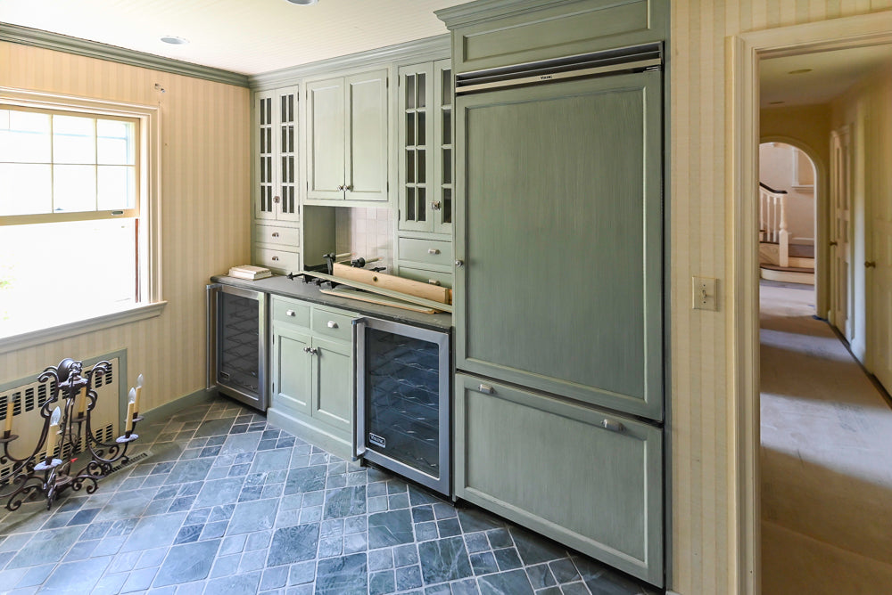 Traditional Washed Out Light Green Butler's Pantry with Granite Countertops and Viking Appliances