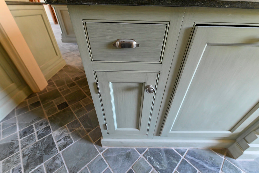 Traditional Washed Out Light Green Butler's Pantry with Granite Countertops and Viking Appliances