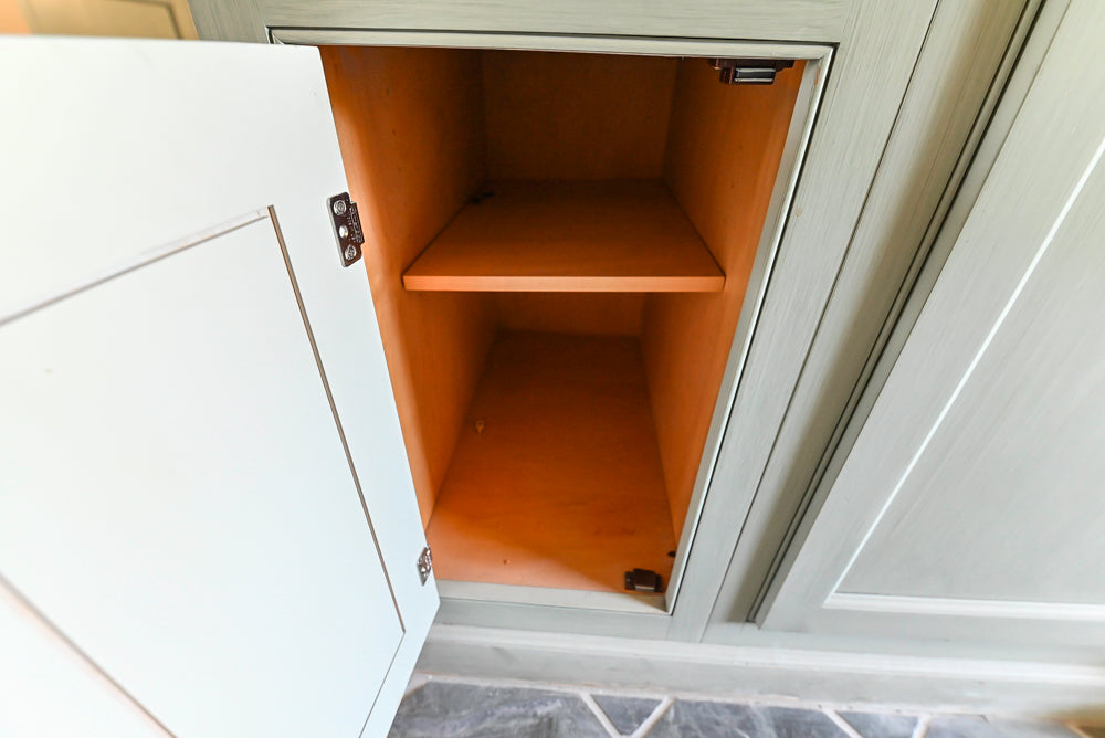 Traditional Washed Out Light Green Butler's Pantry with Granite Countertops and Viking Appliances