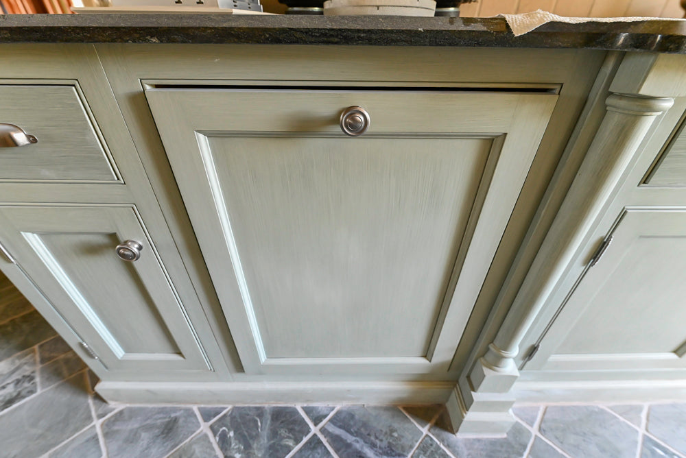 Traditional Washed Out Light Green Butler's Pantry with Granite Countertops and Viking Appliances