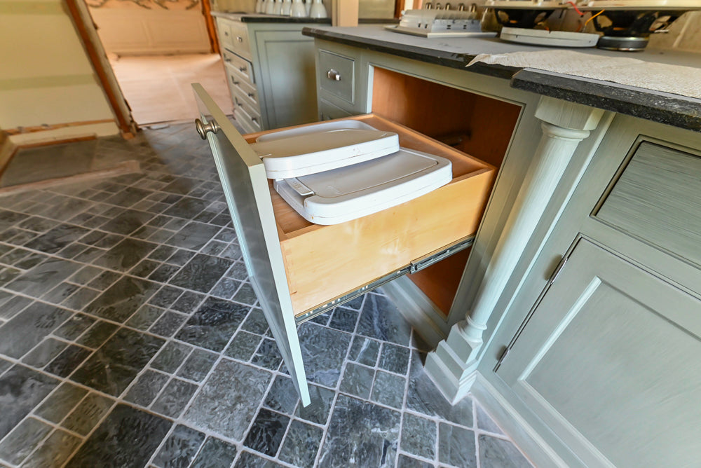 Traditional Washed Out Light Green Butler's Pantry with Granite Countertops and Viking Appliances