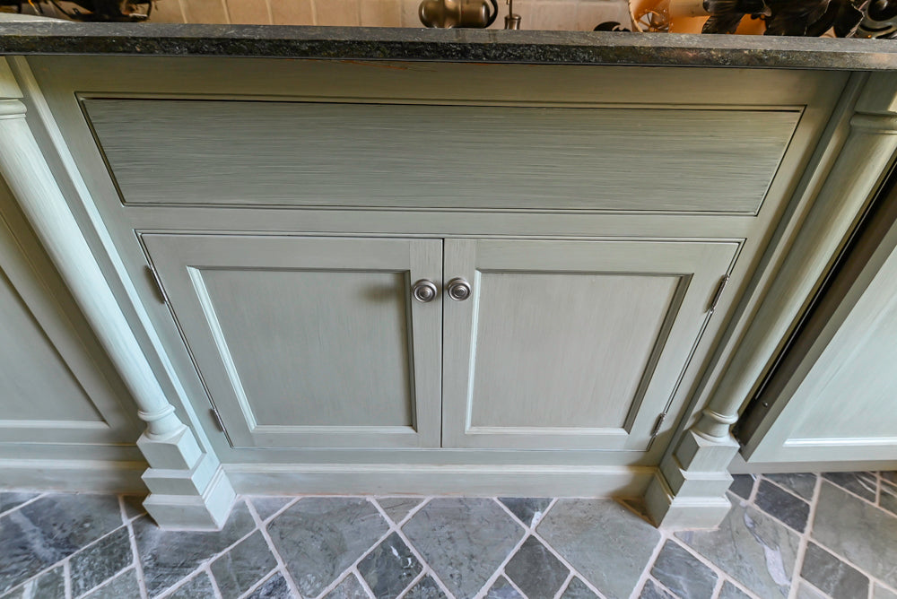Traditional Washed Out Light Green Butler's Pantry with Granite Countertops and Viking Appliances