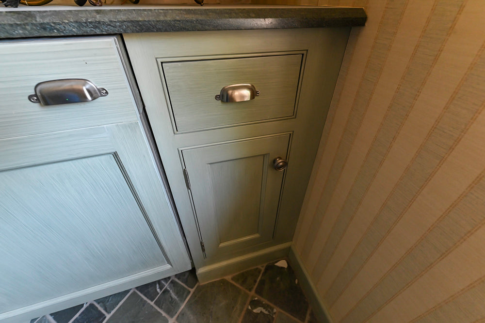 Traditional Washed Out Light Green Butler's Pantry with Granite Countertops and Viking Appliances