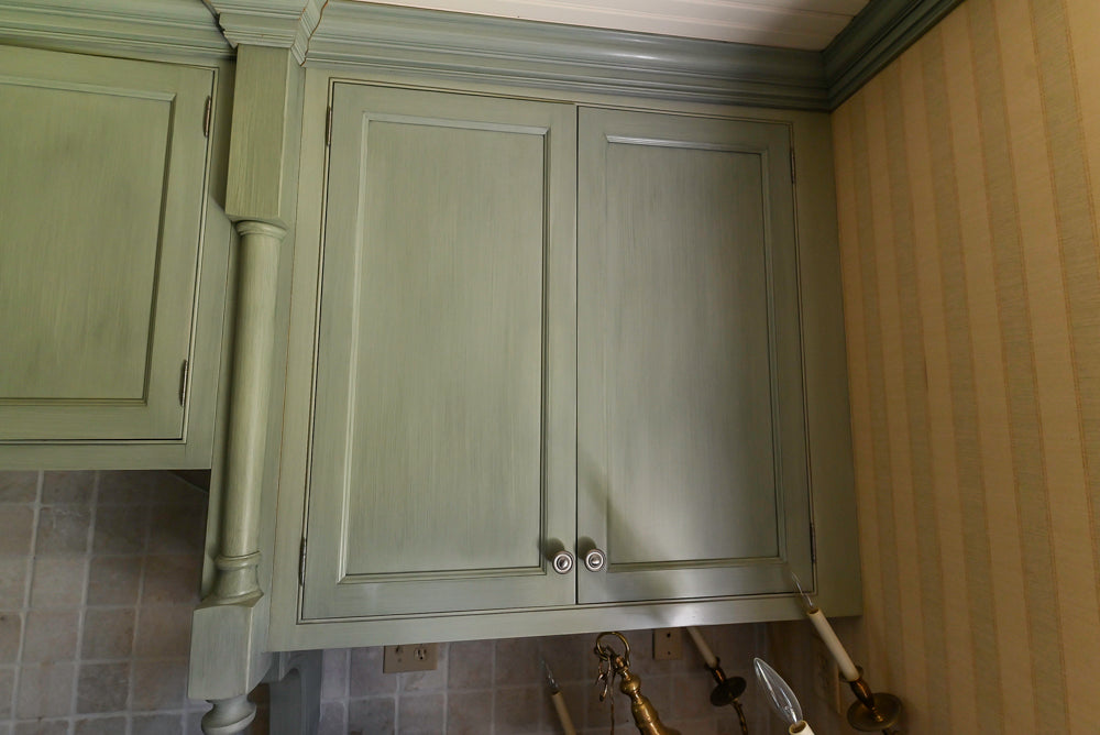 Traditional Washed Out Light Green Butler's Pantry with Granite Countertops and Viking Appliances