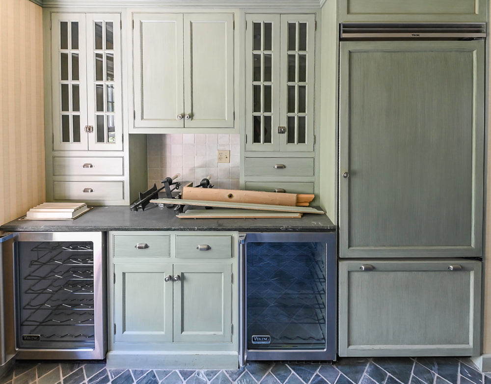 Traditional Washed Out Light Green Butler's Pantry with Granite Countertops and Viking Appliances