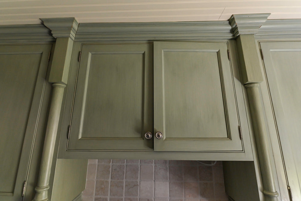 Traditional Washed Out Light Green Butler's Pantry with Granite Countertops and Viking Appliances