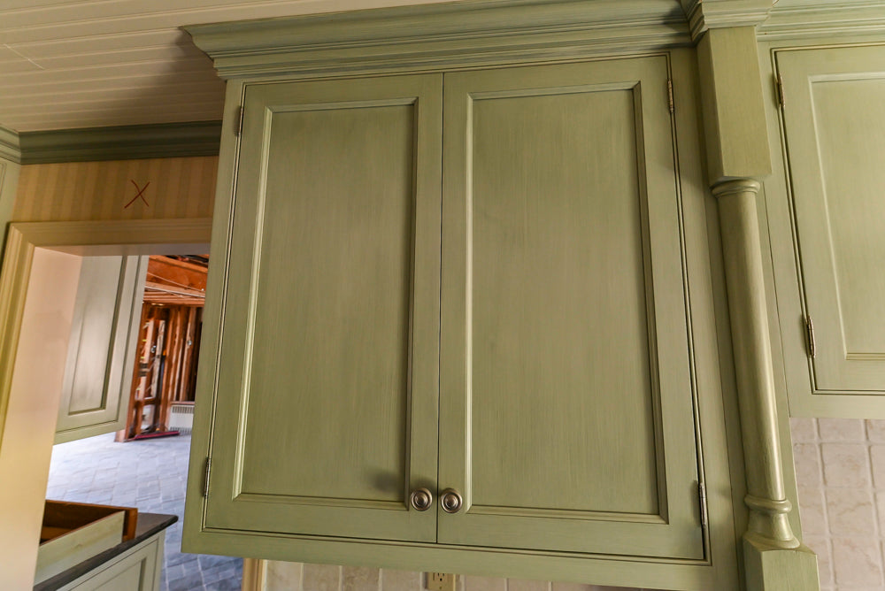 Traditional Washed Out Light Green Butler's Pantry with Granite Countertops and Viking Appliances