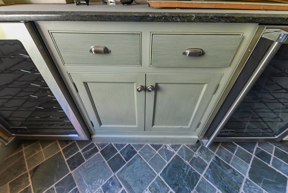 Traditional Washed Out Light Green Butler's Pantry with Granite Countertops and Viking Appliances