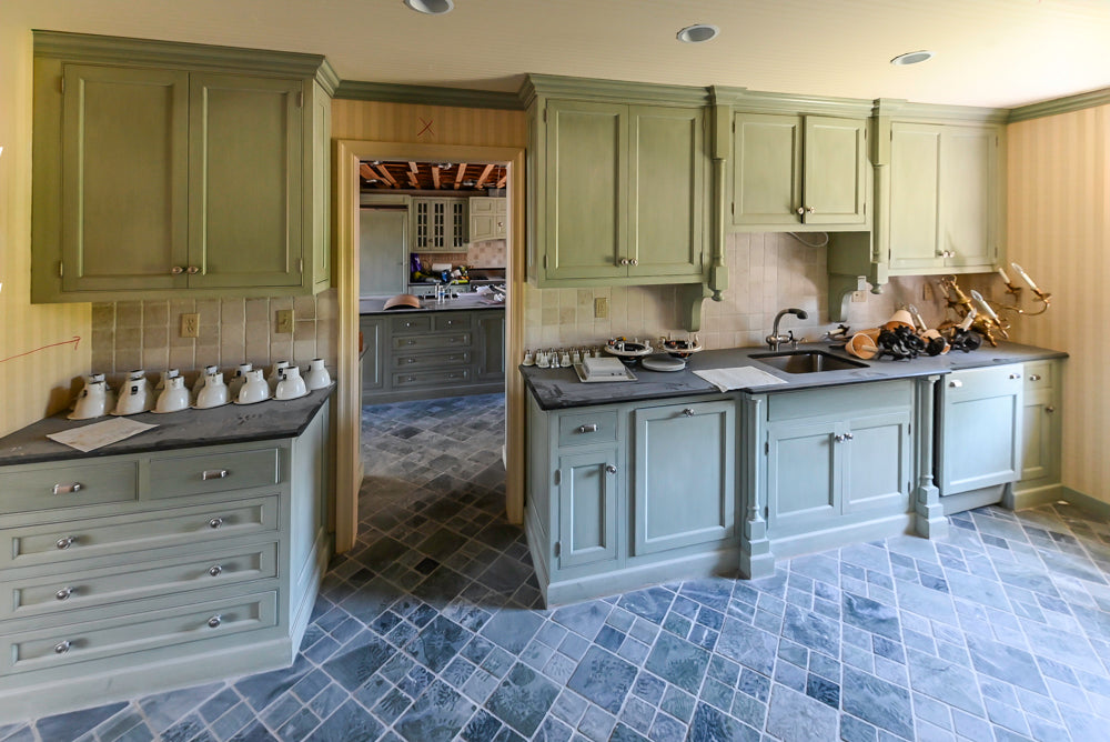 Traditional Washed Out Light Green Butler's Pantry with Granite Countertops and Viking Appliances
