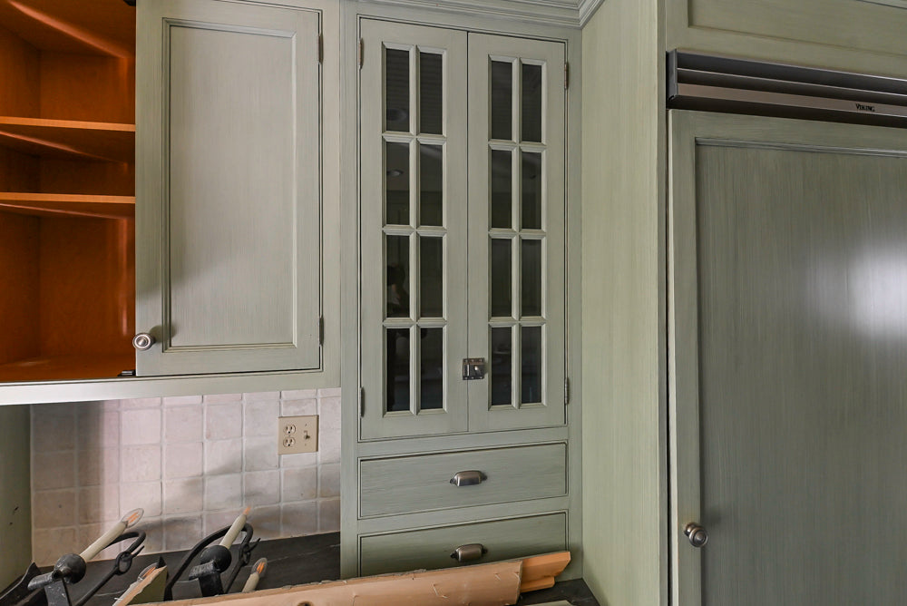 Traditional Washed Out Light Green Butler's Pantry with Granite Countertops and Viking Appliances