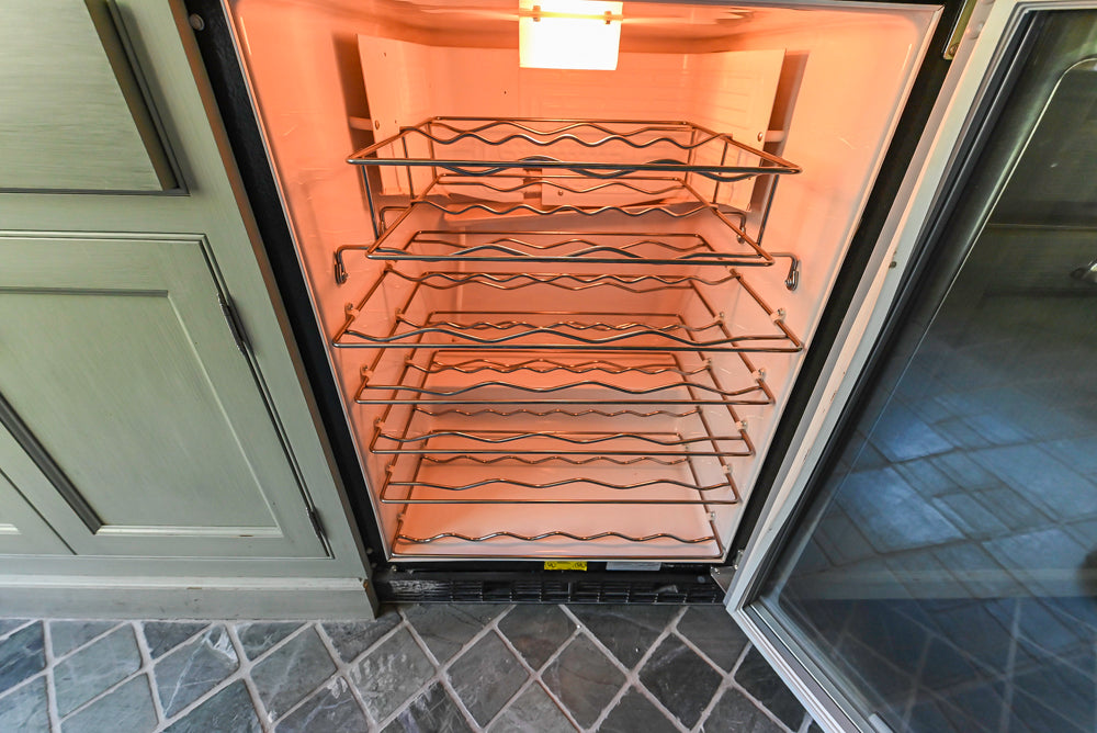Traditional Washed Out Light Green Butler's Pantry with Granite Countertops and Viking Appliances