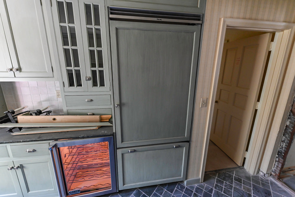 Traditional Washed Out Light Green Butler's Pantry with Granite Countertops and Viking Appliances