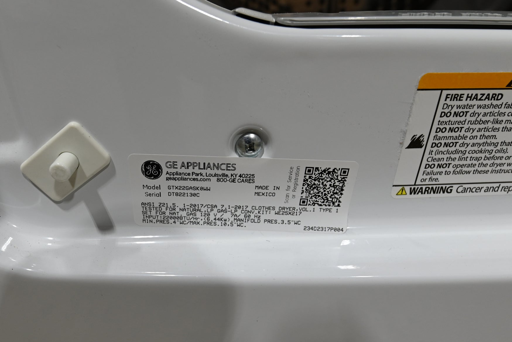 GE GTX22GASK0WW 27" White Gas Dryer