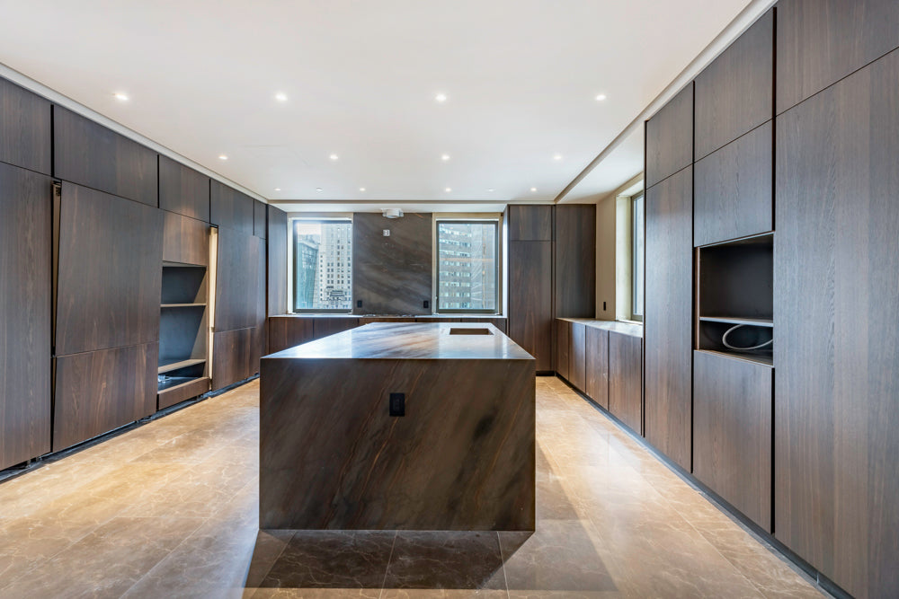 minotticucine Modern Classic Dark Brown Kitchen with Stone Countertops and Gaggenau Refrigerators