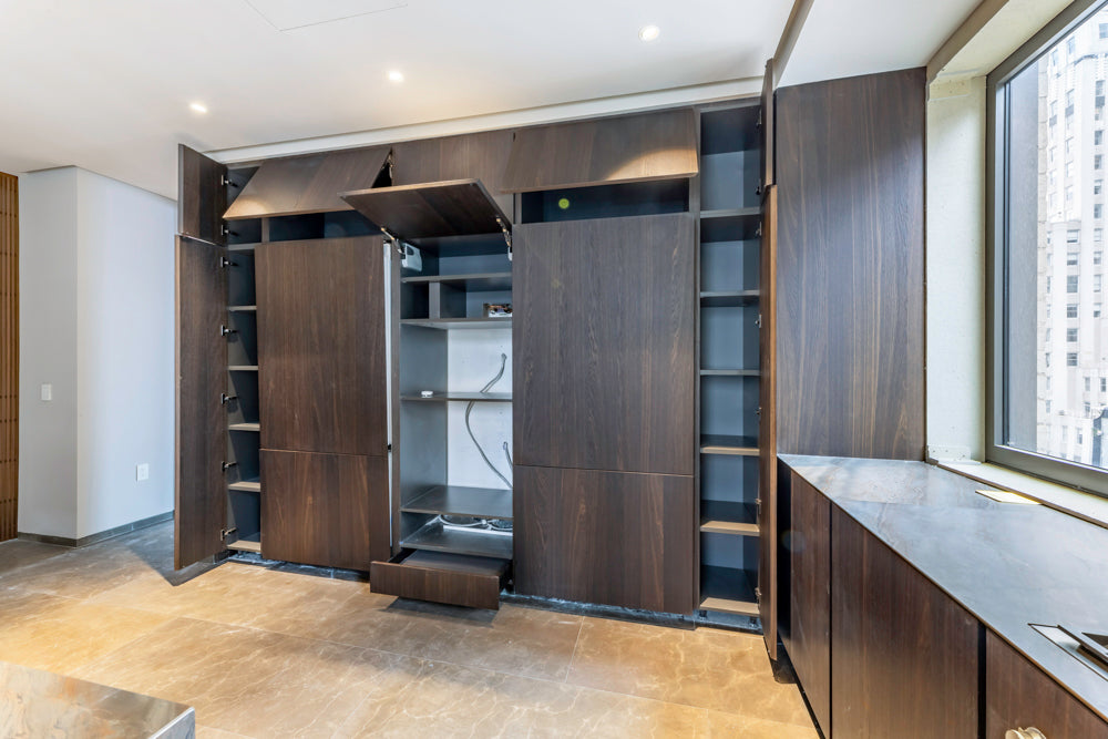 minotticucine Modern Classic Dark Brown Kitchen with Stone Countertops and Gaggenau Refrigerators